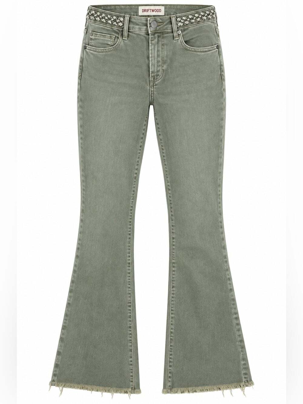 Driftwood Olive Green Kick Flare Jeans 27 Raw Hem Boho Western Embroidered Chic